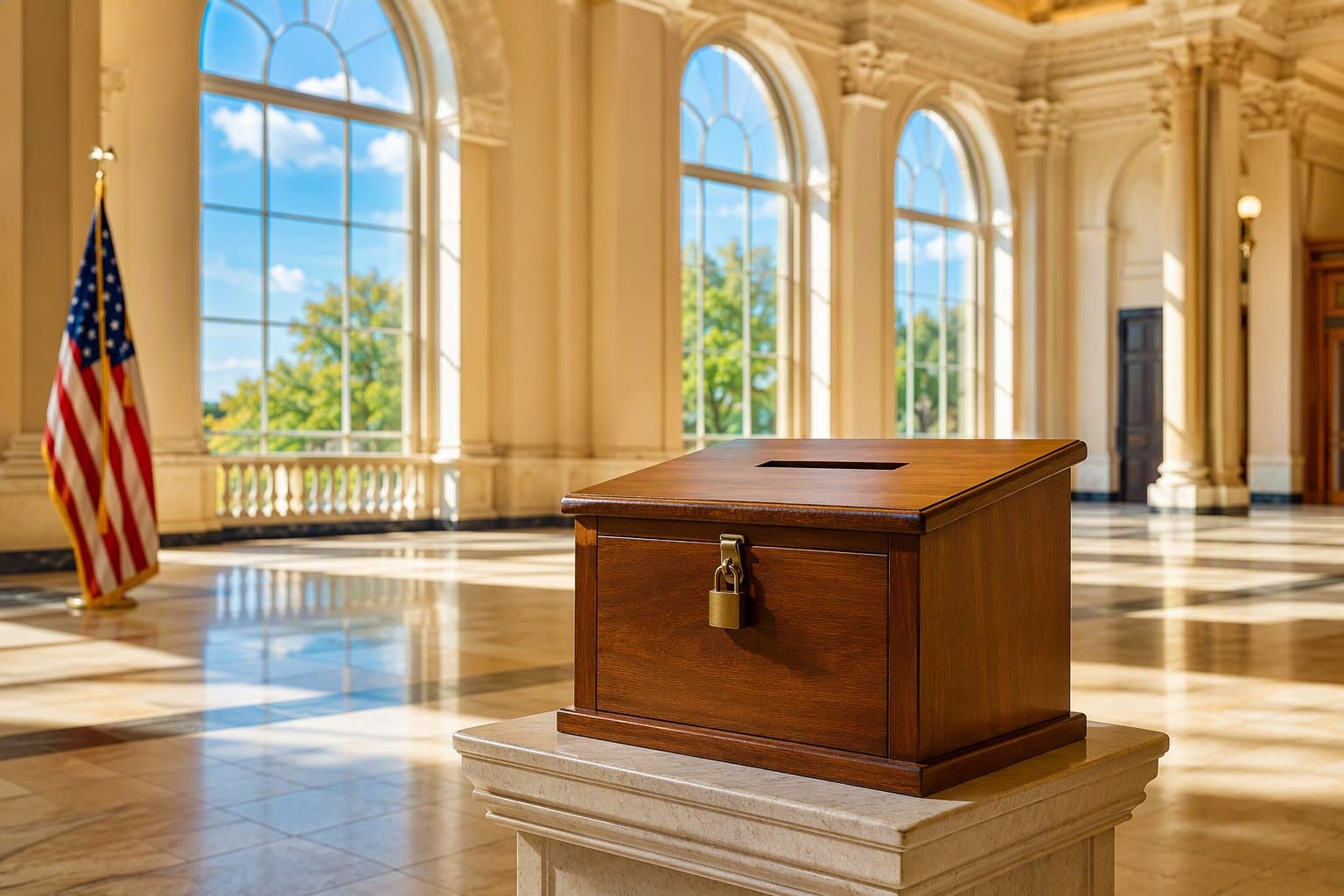 ballot box in sunlit hall - illustration, Jake Team LLC