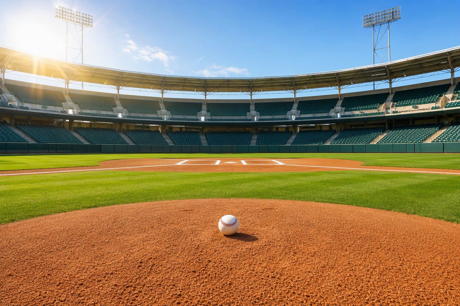 Empty sunlit baseball stadium - illustration, Jake Team LLC