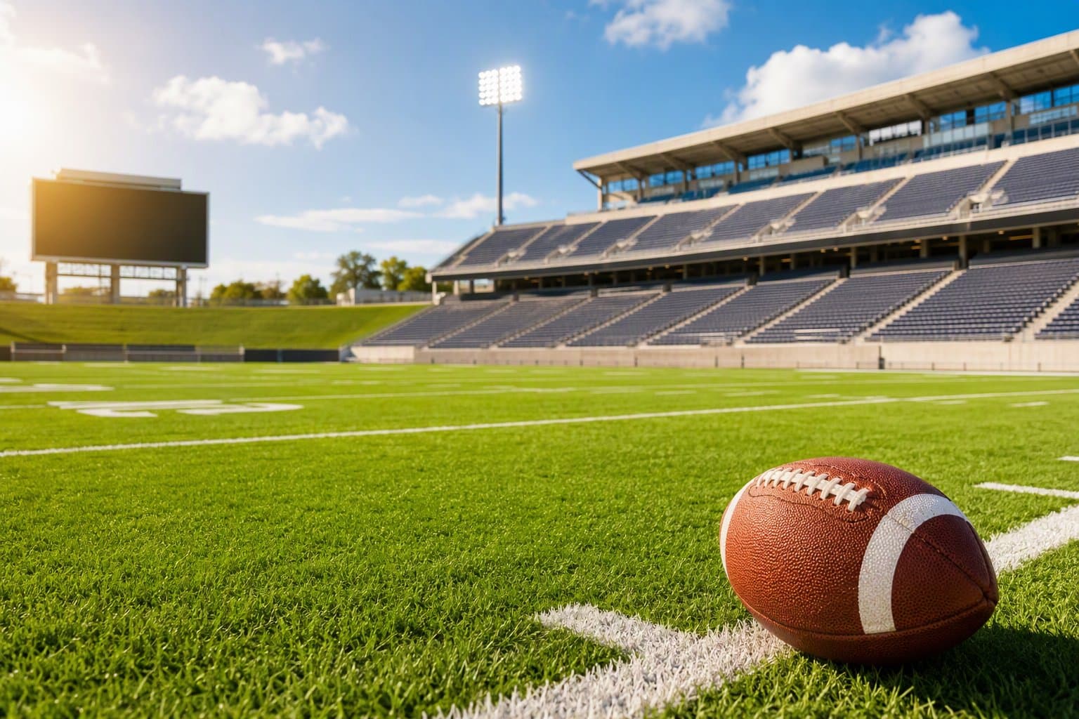 Sunlit college football field - illustration, Jake Team LLC
