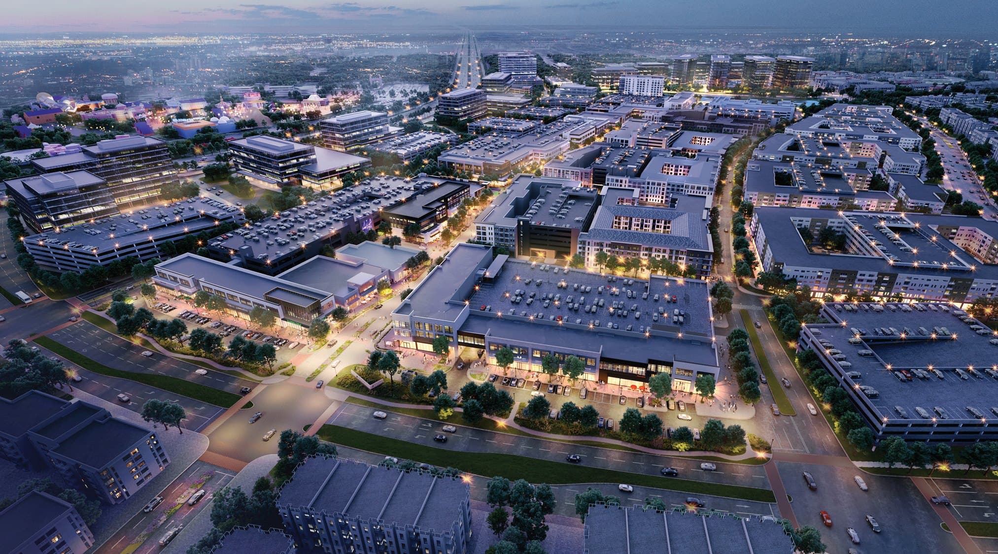 Aerial rendering of Fields West in Frisco at dusk. Rendering courtesy The Karahan Companies / Fields West.