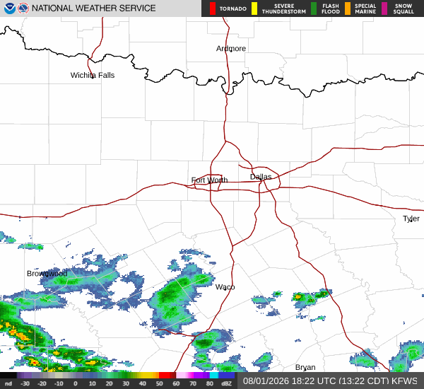 Latest National Weather Service radar for North Texas (KFWS radar). Source: radar.weather.gov.