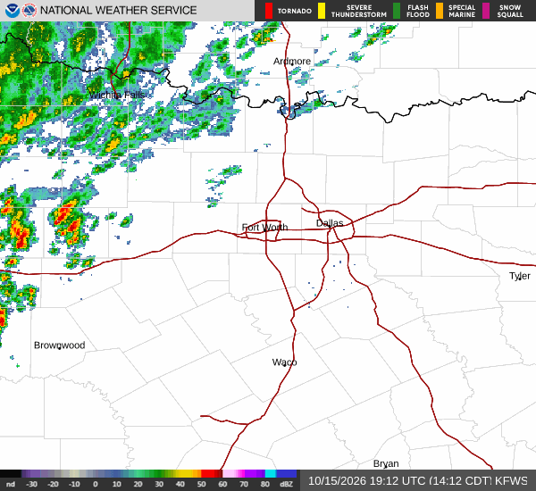 Latest National Weather Service radar for North Texas (KFWS radar). Source: radar.weather.gov.