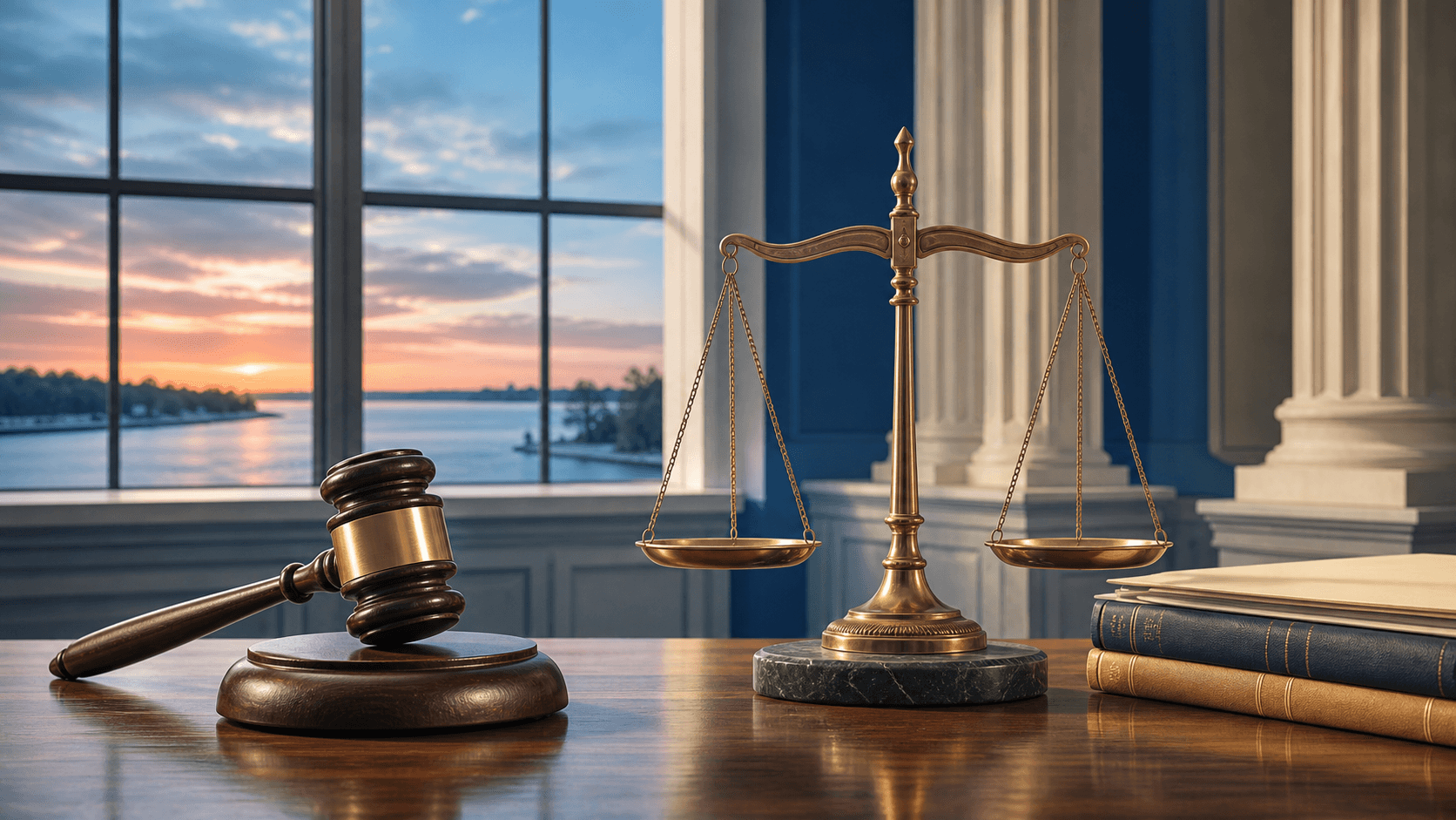 Little Elm lakefront-themed justice illustration with a gavel, scales and courthouse window light.