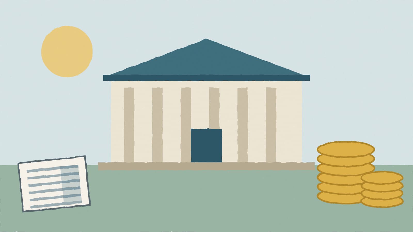 Town hall with coin stacks - illustration, Jake Team LLC
