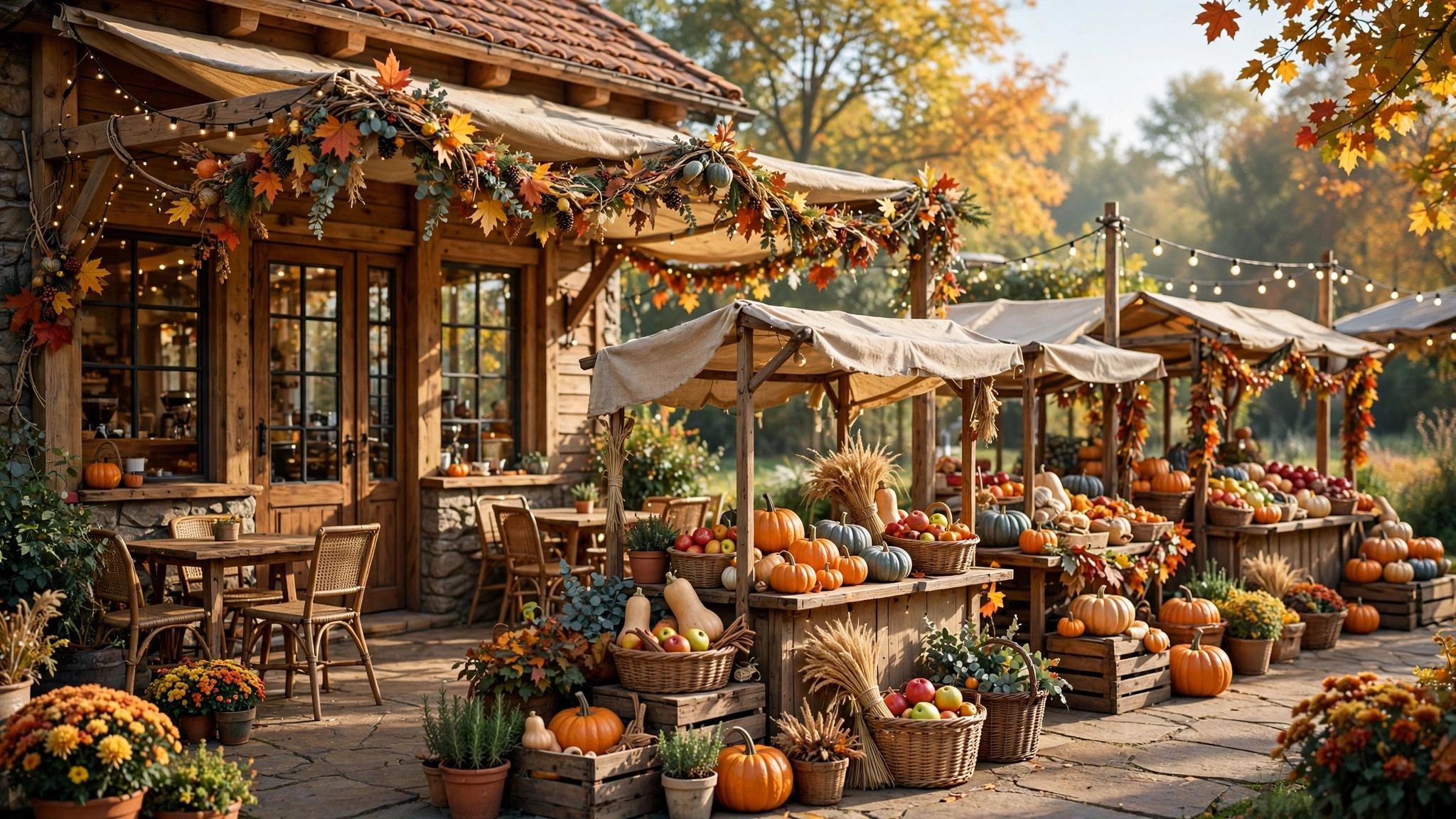 Coffee shop patio with market stalls and fall decor - illustration
