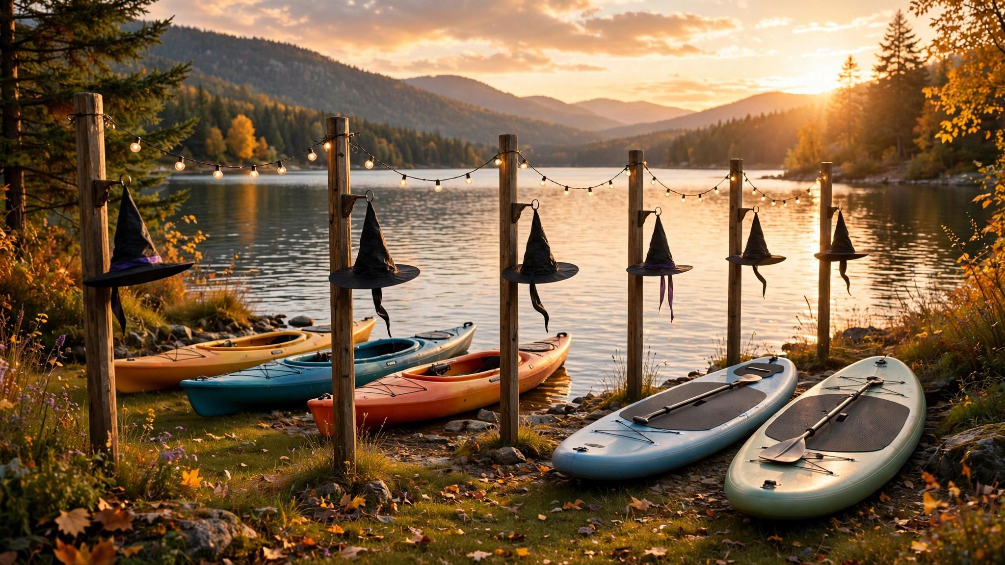 Lake at sunset with kayaks and paddleboards on the shore - illustration