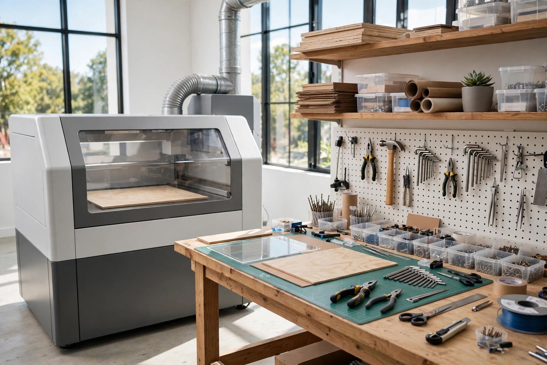 Makerspace with a laser cutter machine and tools - illustration
