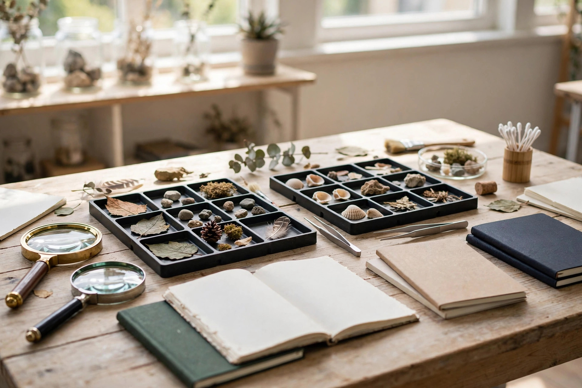 Classroom table with magnifying glasses and specimen trays - illustration